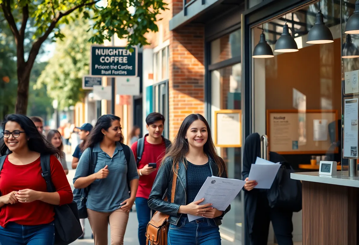Students near campus checking job postings and a cafe hiring sign