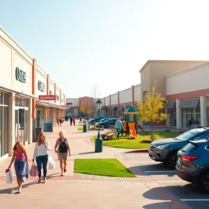 Shoppers walking through Tanger Outlets Nashville outdoor mall with shopping bags and parked cars nearby