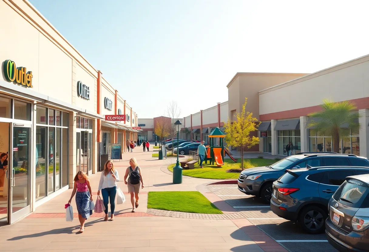 Shoppers walking through Tanger Outlets Nashville outdoor mall with shopping bags and parked cars nearby