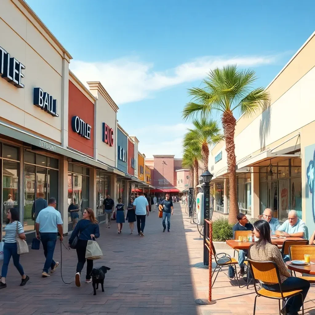 Outdoor view of shoppers walking past storefronts and EV chargers at Tanger Outlets Nashville on a sunny day