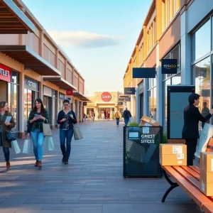 Shoppers at an outlet mall guest services area with shopping bags and receipts for returns and warranties