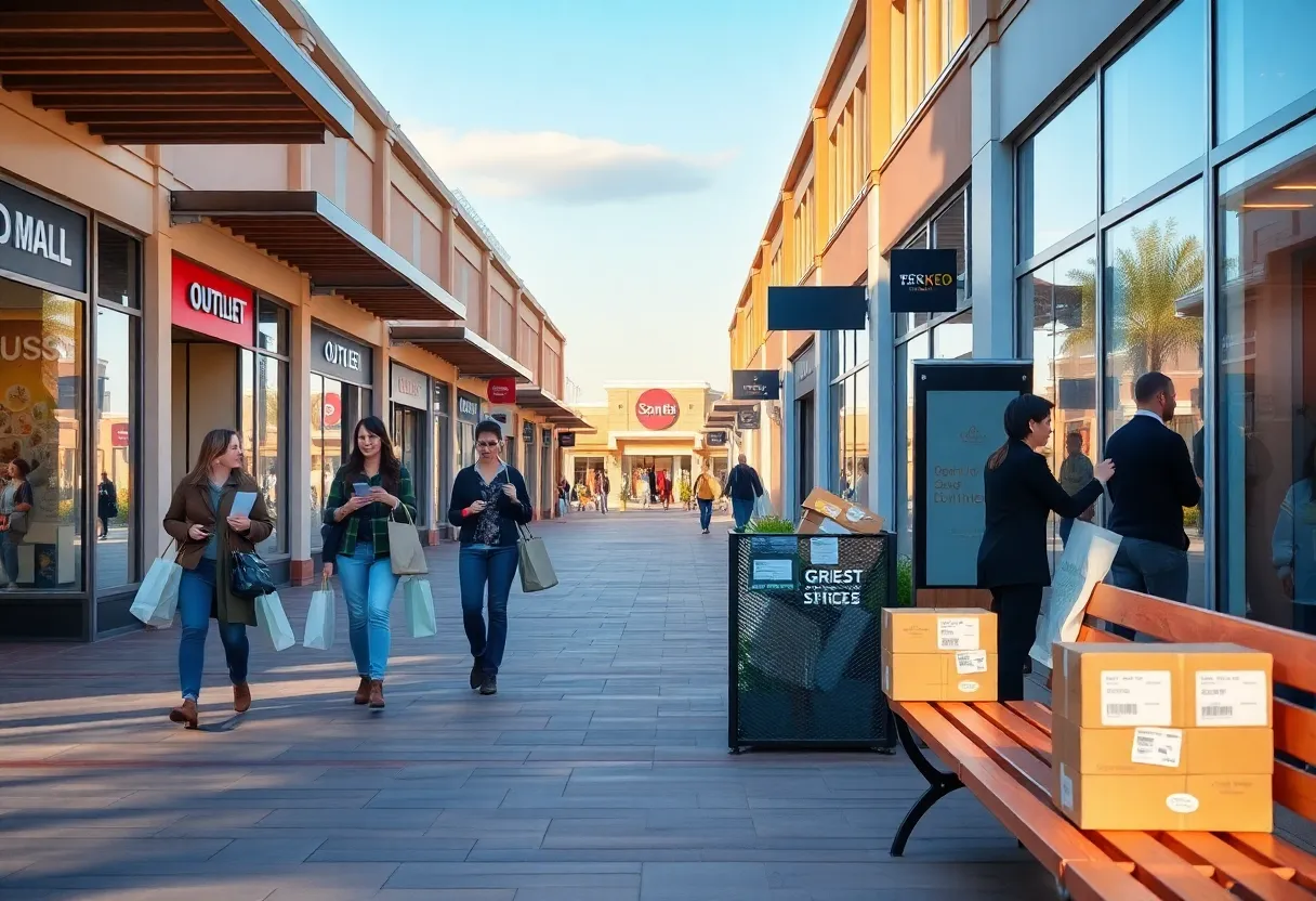 Shoppers at an outlet mall guest services area with shopping bags and receipts for returns and warranties