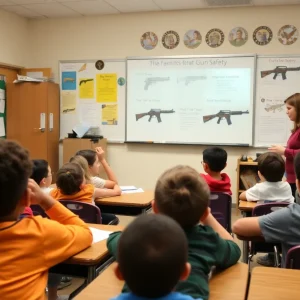 Students learning about gun safety in a classroom