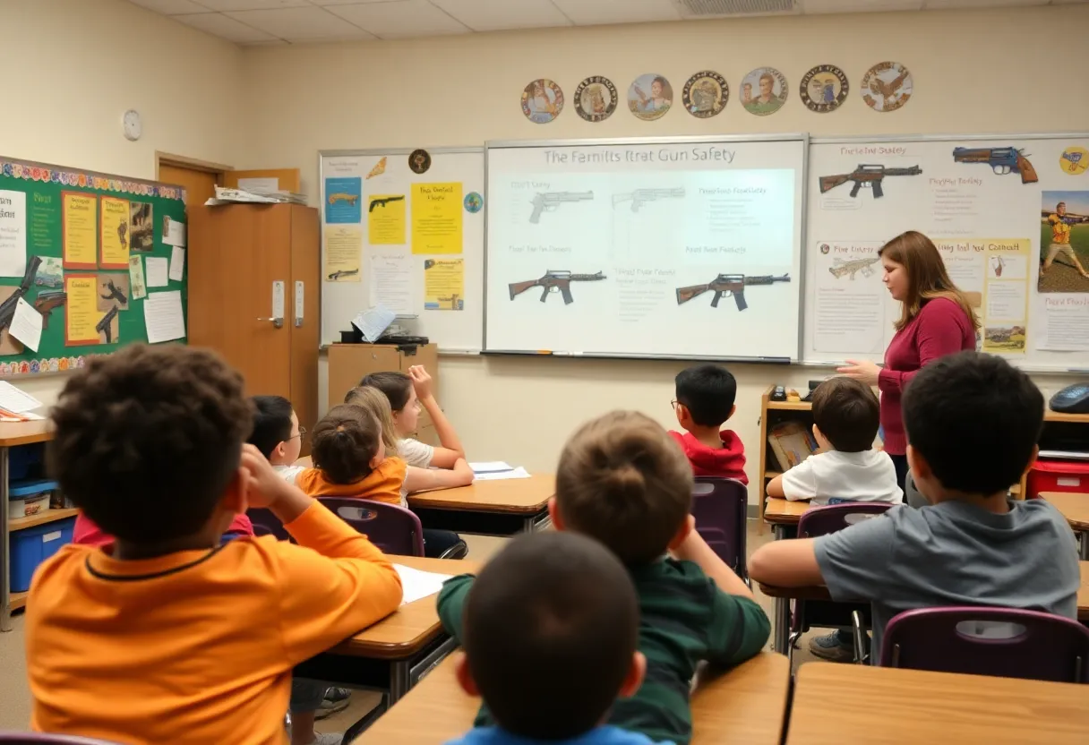 Students learning about gun safety in a classroom