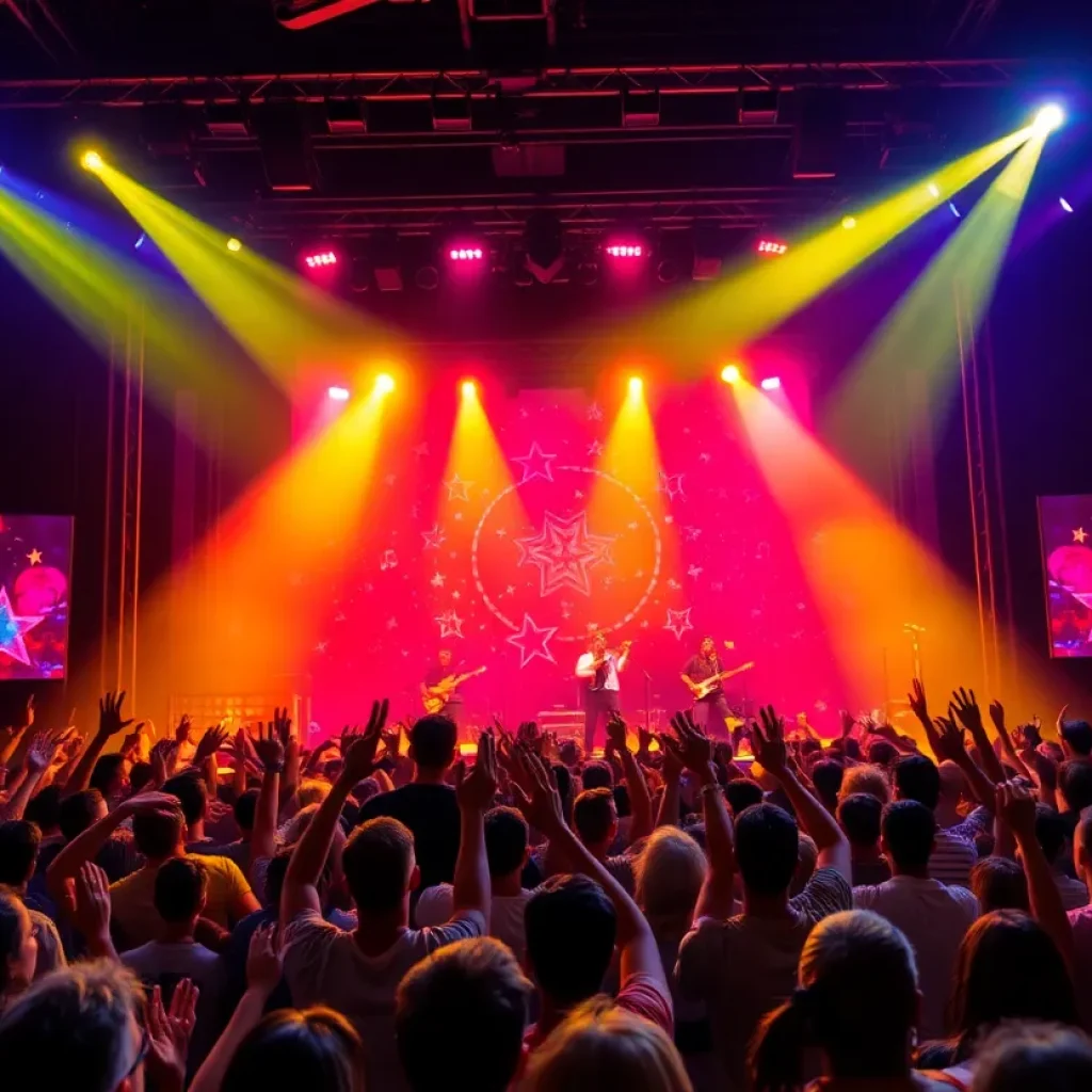 Concert scene from The Boy Is Mine Tour with excited fans and vibrant stage lights.