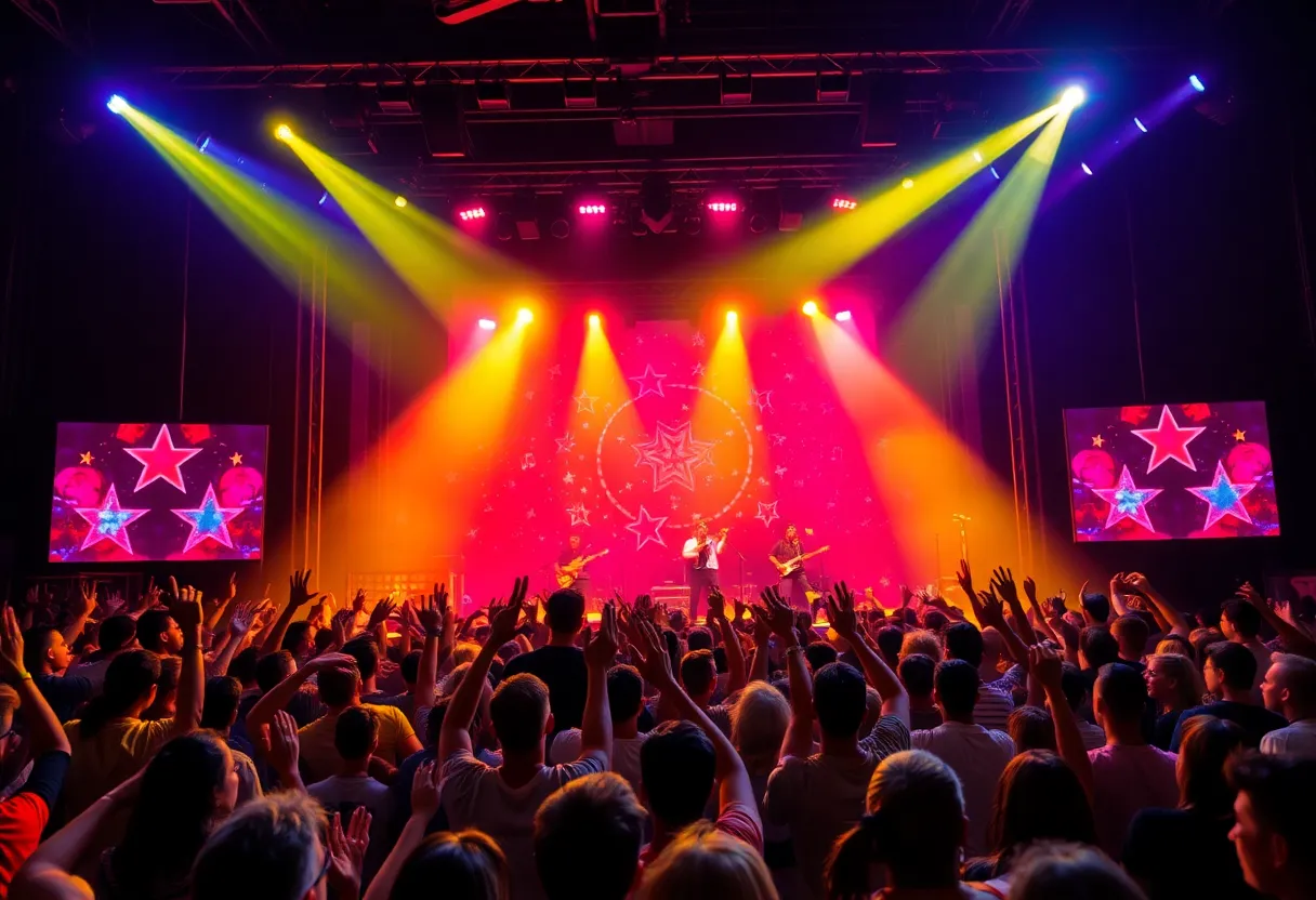 Concert scene from The Boy Is Mine Tour with excited fans and vibrant stage lights.