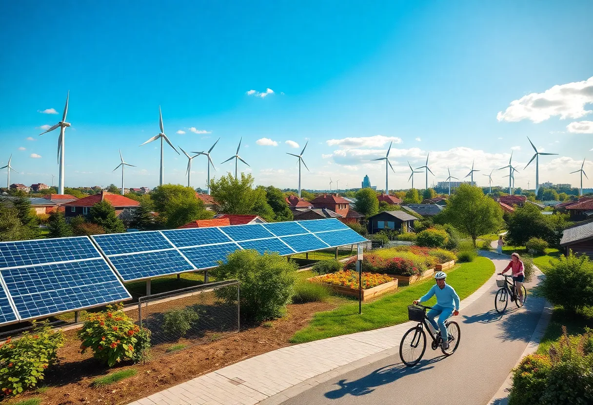 Cities implementing climate action plans with renewable energy and community engagement.