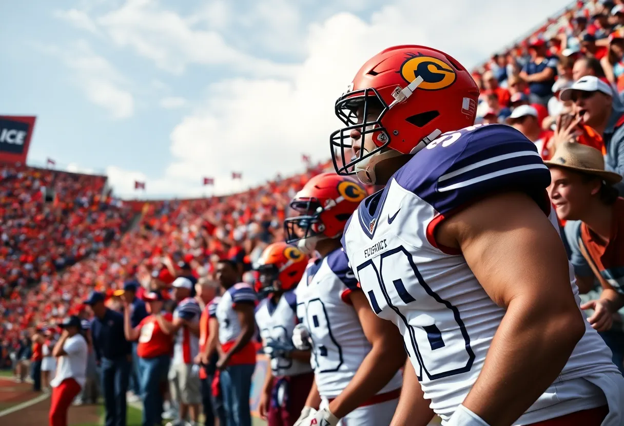 College football fans anticipating the season opener at the stadium.