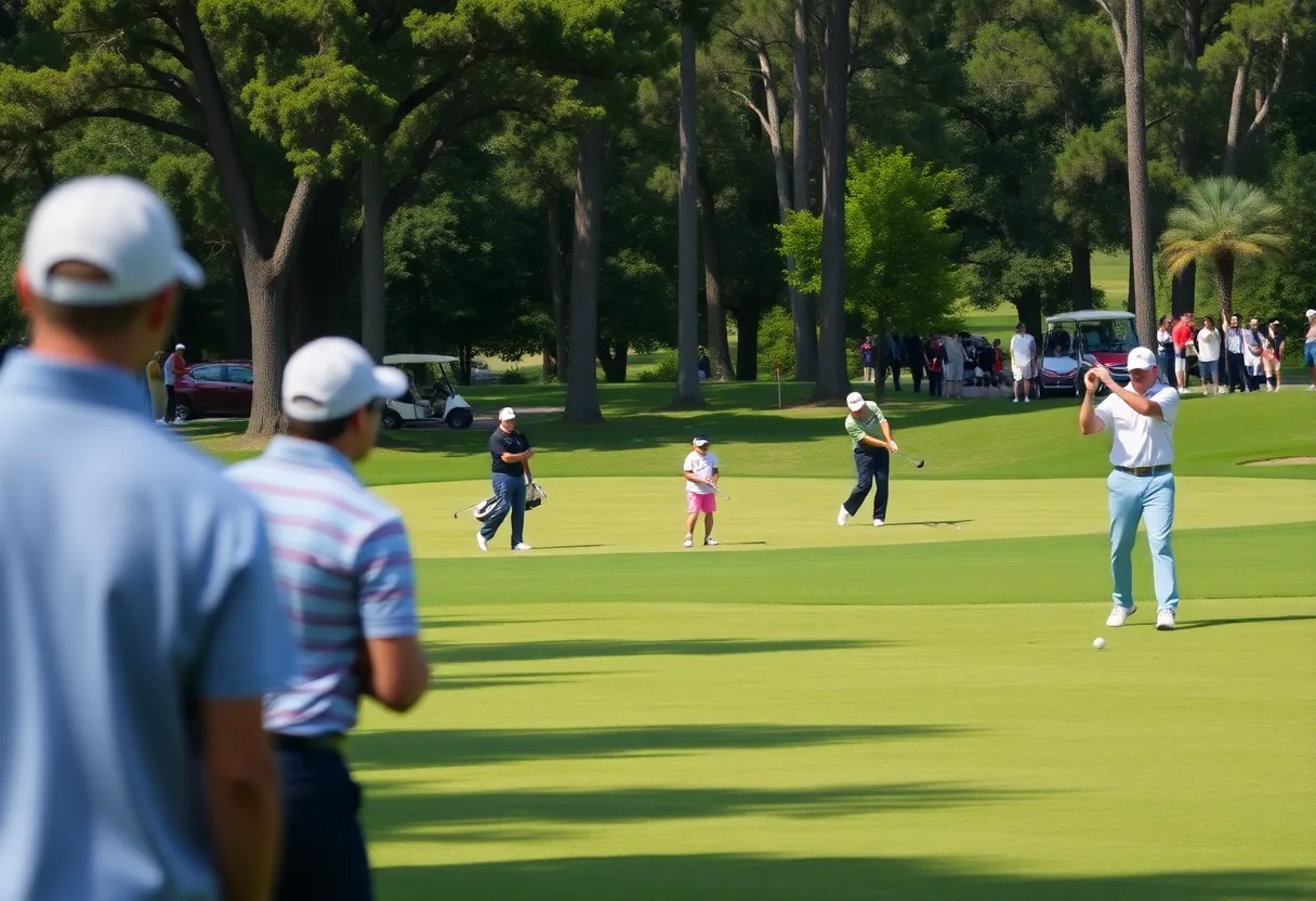 Vanderbilt men's golf team competing in a tournament at a lush green golf course.