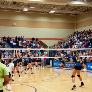 Vanderbilt volleyball team playing in Memorial Gymnasium with enthusiastic crowd support.
