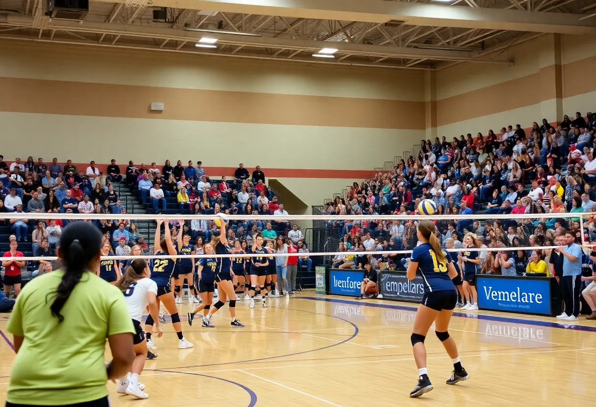 Vanderbilt volleyball team playing in Memorial Gymnasium with enthusiastic crowd support.