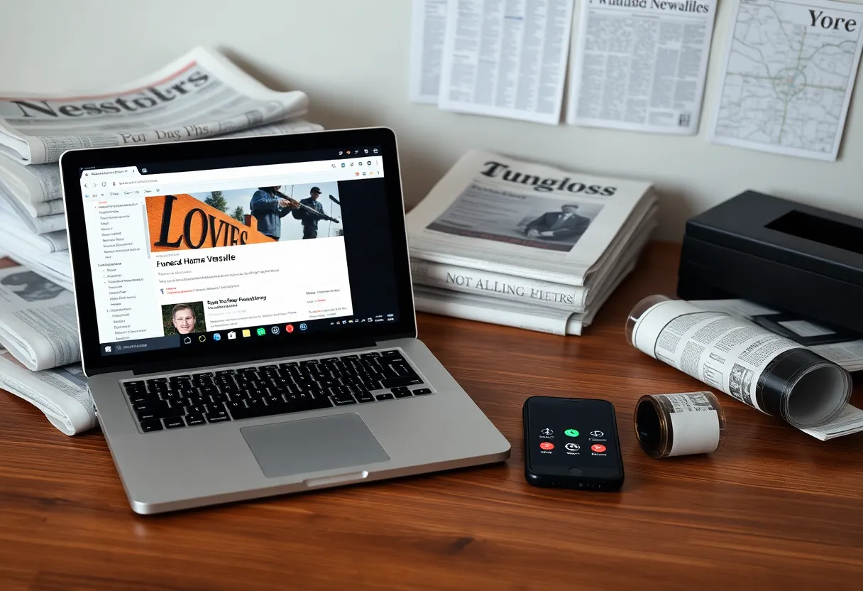 Laptop with obituary search results, local newspapers, microfilm reels and a phone on a table