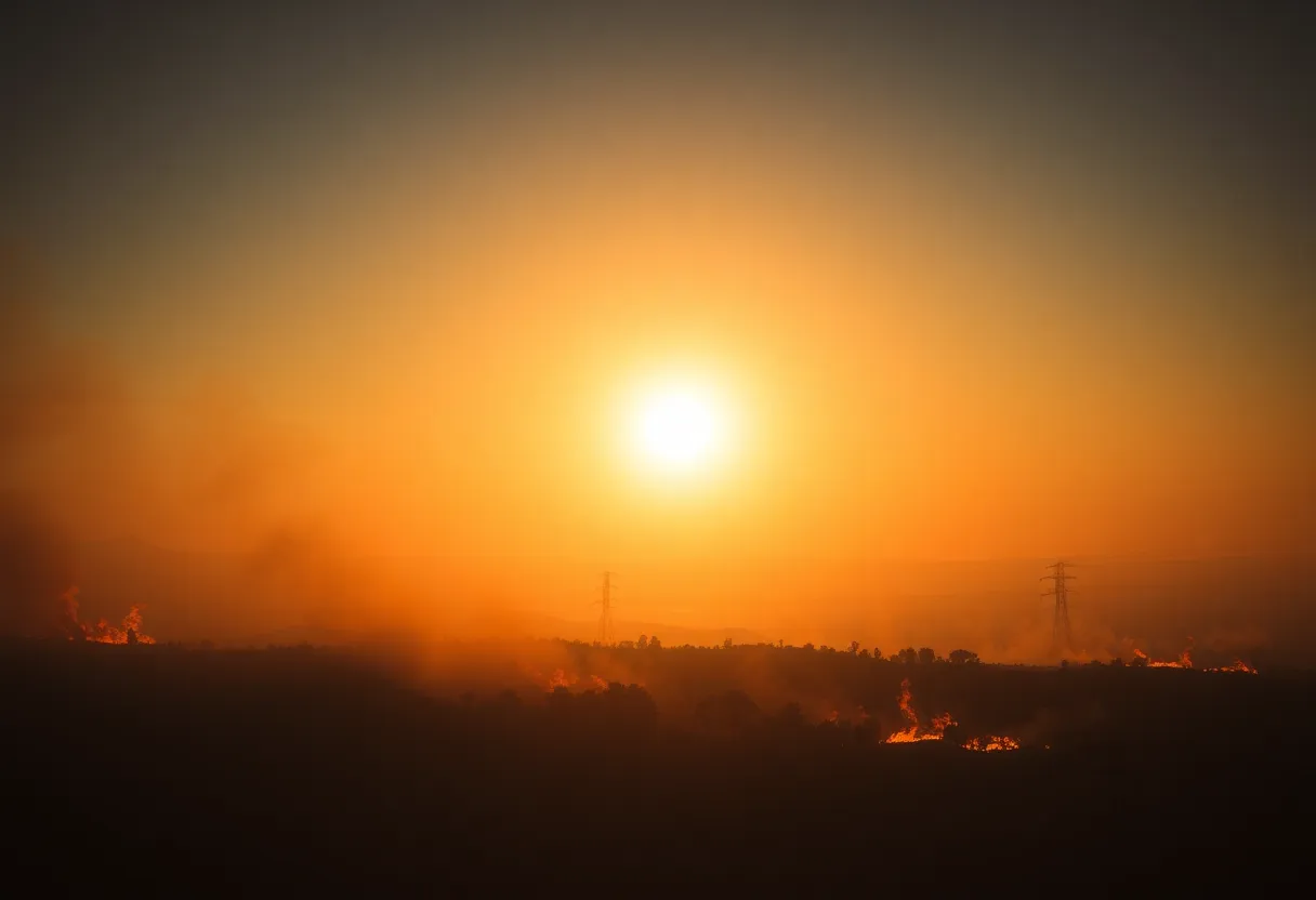 Depiction of wildfires under extreme heat conditions in America.