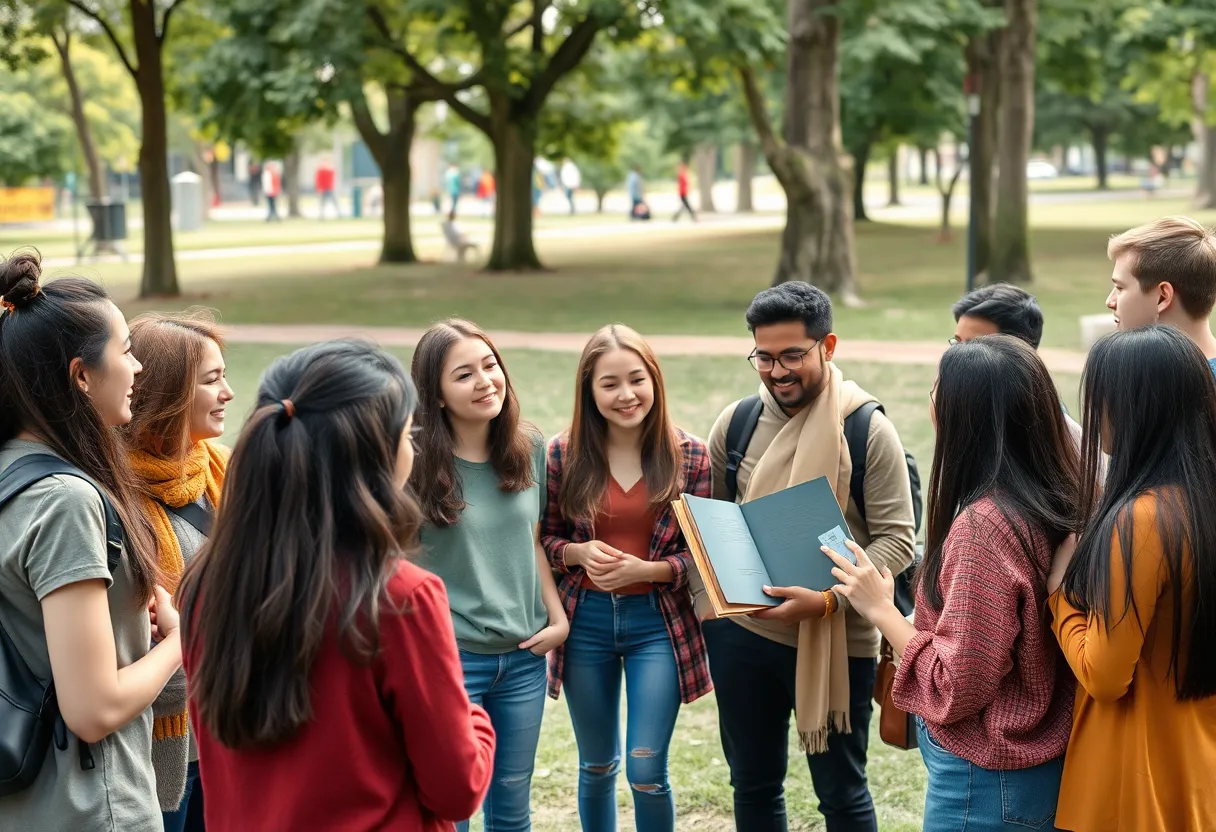 Young people engaging in discussion about faith in a community setting.