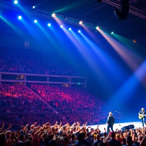Crowd at a concert in a stadium with bright stage lights.
