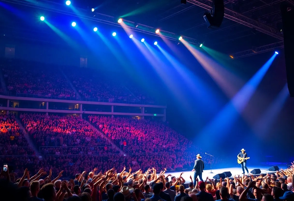 Crowd at a concert in a stadium with bright stage lights.