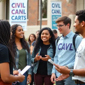 Young adults discussing political issues on campus during a tour event