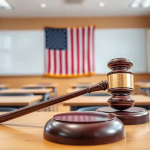 A gavel on a desk with an American flag in a classroom setting