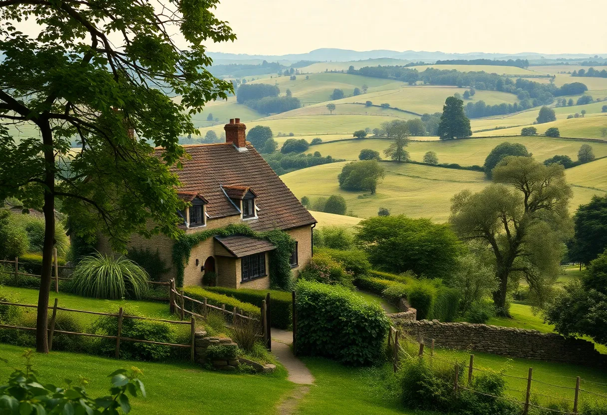 Serene landscape of the Cotswolds featuring a quaint cottage