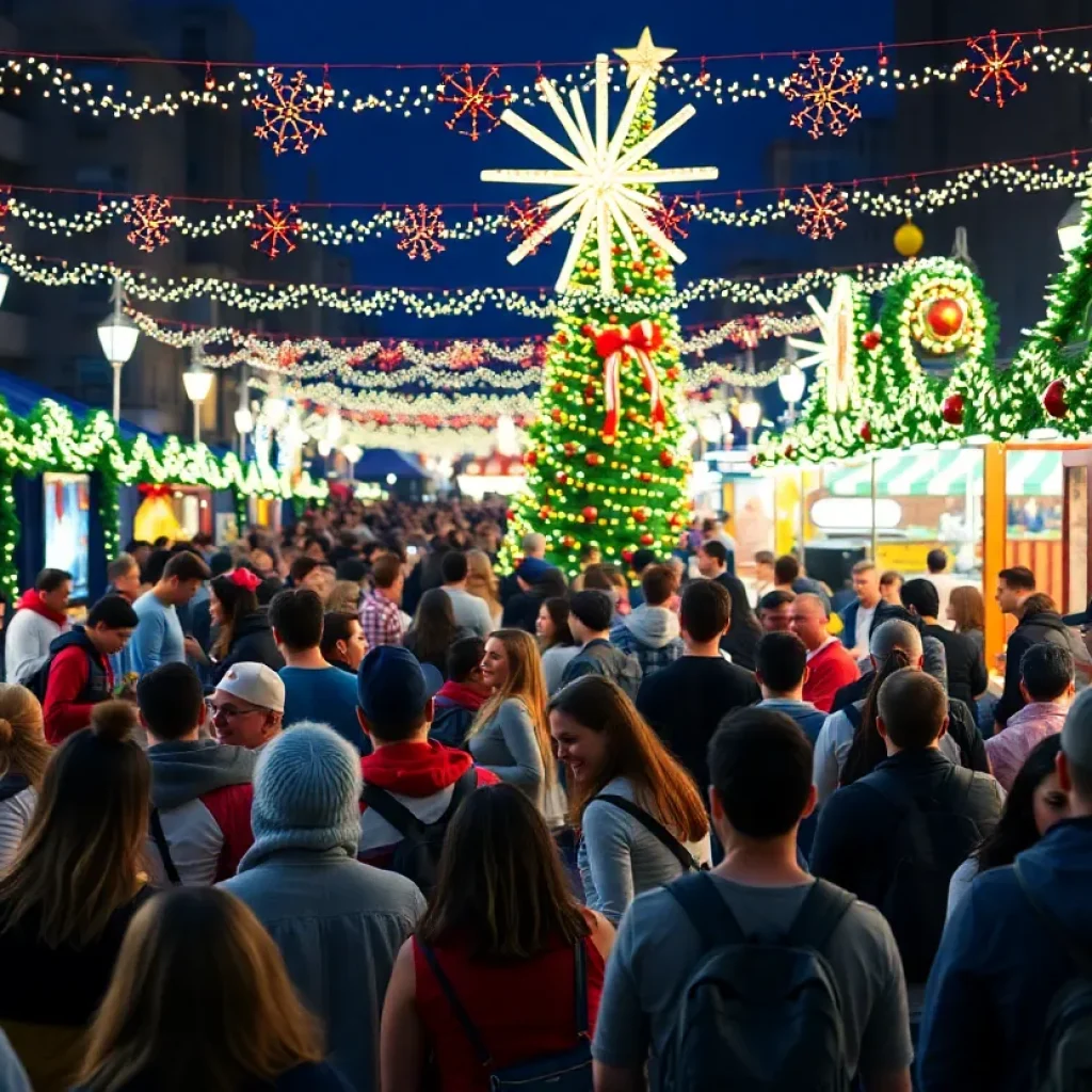 Crowd enjoying the Gidmas Christmas Festival with holiday decorations and activities