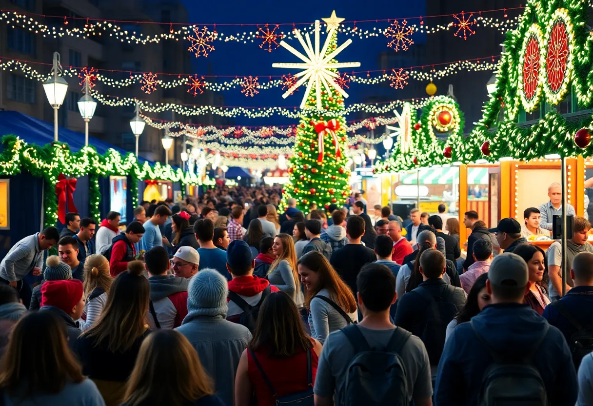 Crowd enjoying the Gidmas Christmas Festival with holiday decorations and activities