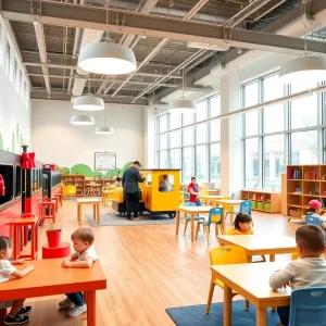 Exterior view of Goddard School in Nashville with train-themed design elements.