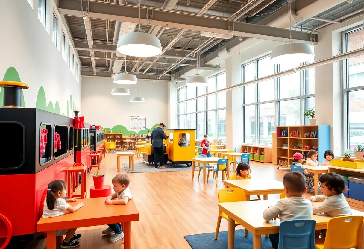Exterior view of Goddard School in Nashville with train-themed design elements.