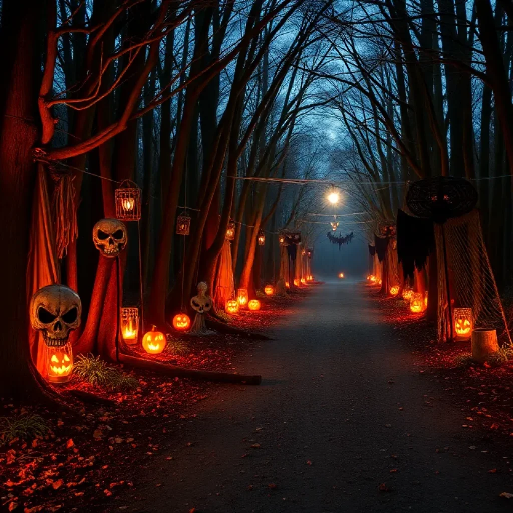 Spooky forest path with Halloween decorations