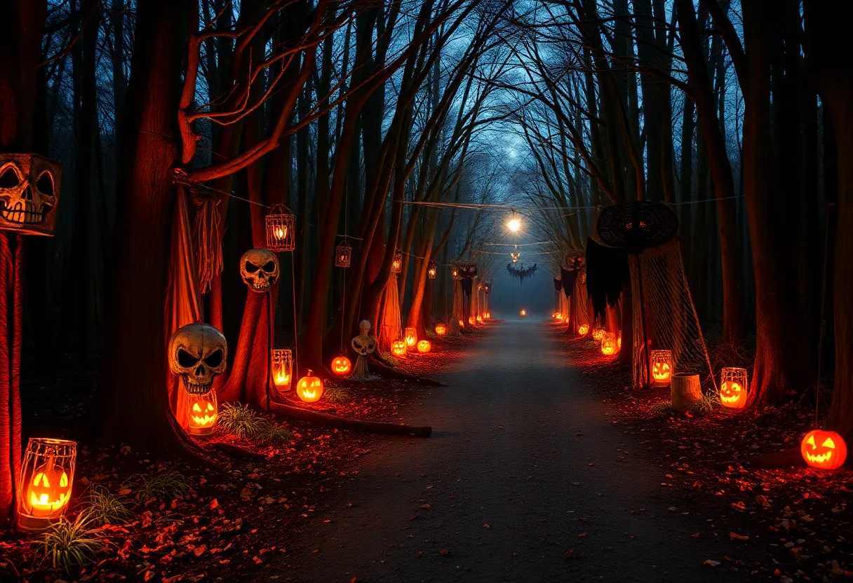 Spooky forest path with Halloween decorations