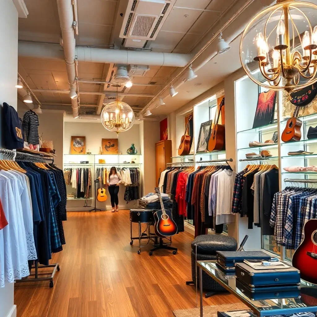 Interior view of Hermès store in Nashville featuring fashion items and musical design elements.