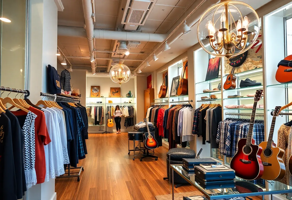 Interior view of Hermès store in Nashville featuring fashion items and musical design elements.