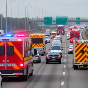 Emergency response vehicles at a traffic accident scene on I-24.