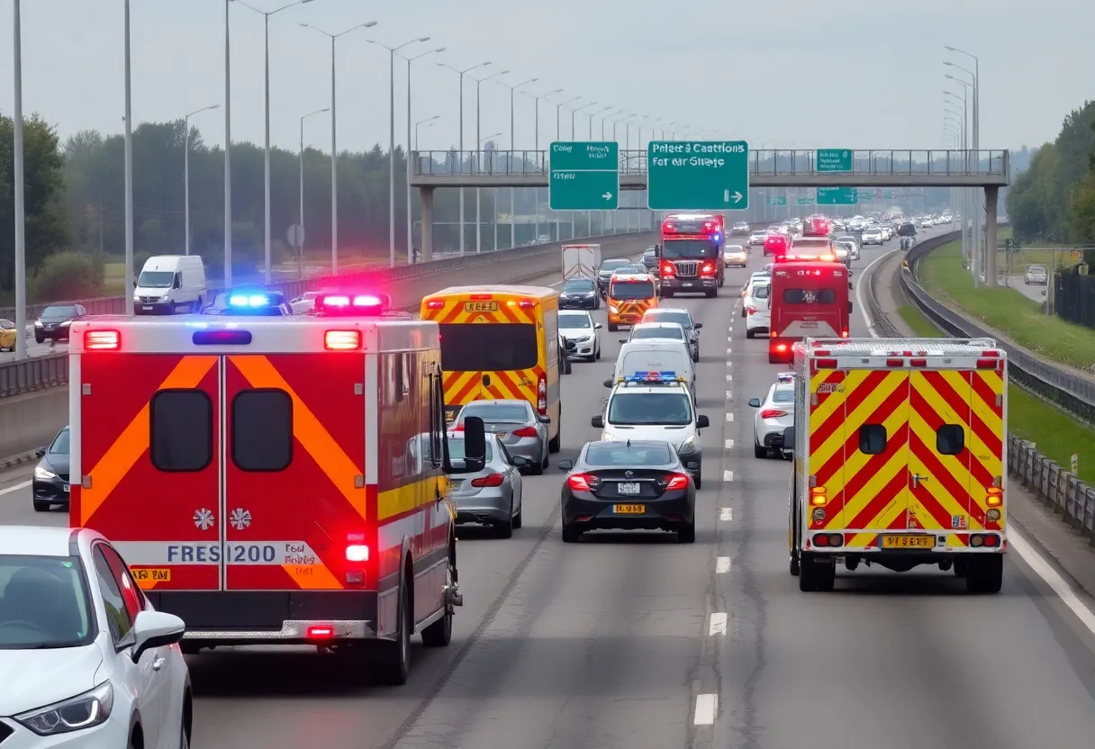 Emergency response vehicles at a traffic accident scene on I-24.