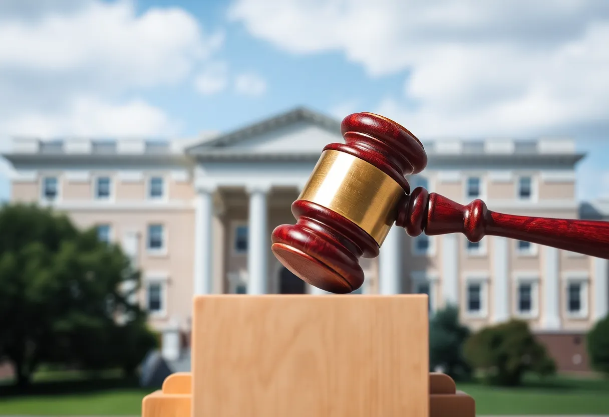 Abstract representation of a gavel and university campus