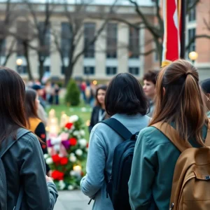 Vibrant memorial scene with candles and flowers celebrating the life of a political figure.