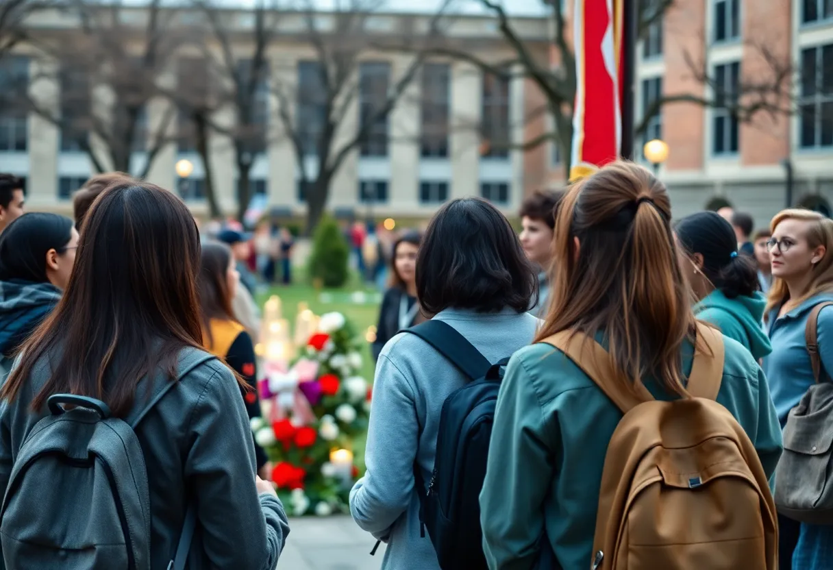 Vibrant memorial scene with candles and flowers celebrating the life of a political figure.