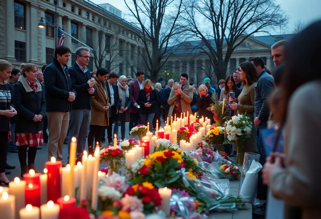 Memorial site with candles and flowers honoring Charlie Kirk