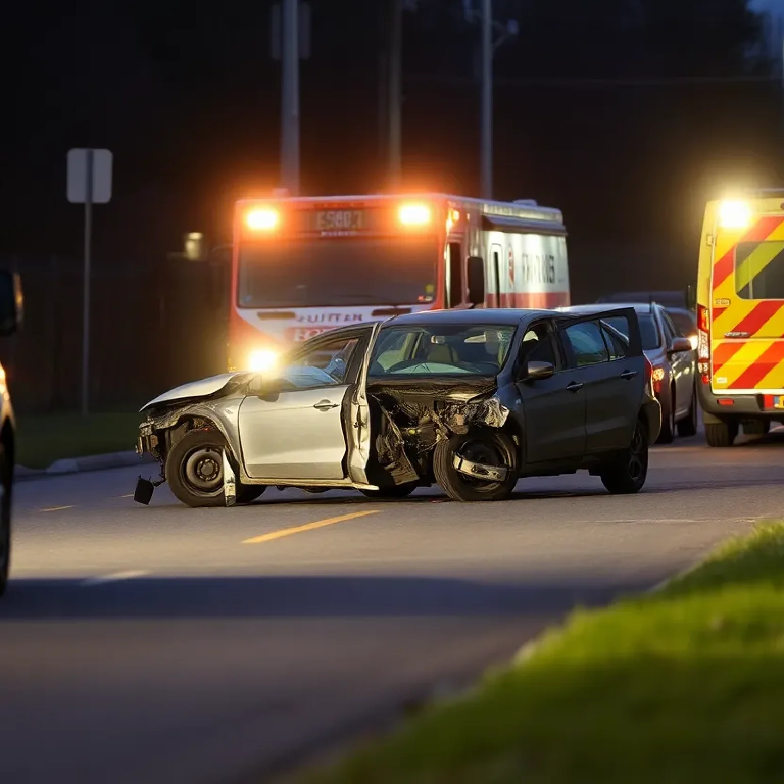 Scene of a car crash in Nashville, showing damaged vehicles and emergency services.