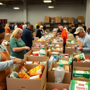 Volunteers at a Nashville food bank preparing food donations