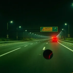 Empty highway at night with safety signs and a motorcycle silhouette.