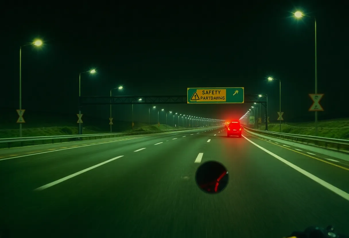 Empty highway at night with safety signs and a motorcycle silhouette.