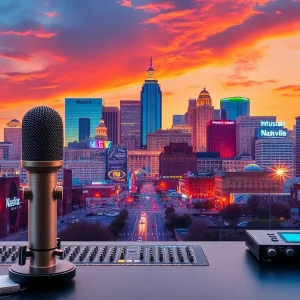 Nashville skyline with audio technology symbols