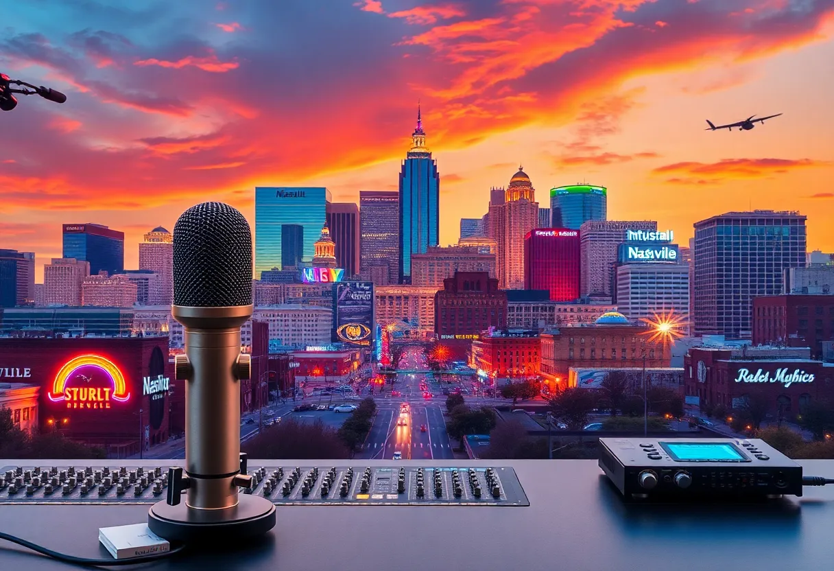 Nashville skyline with audio technology symbols