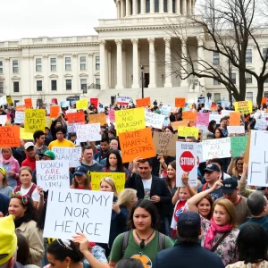 Crowd of protesters with signs at Nashville capitol