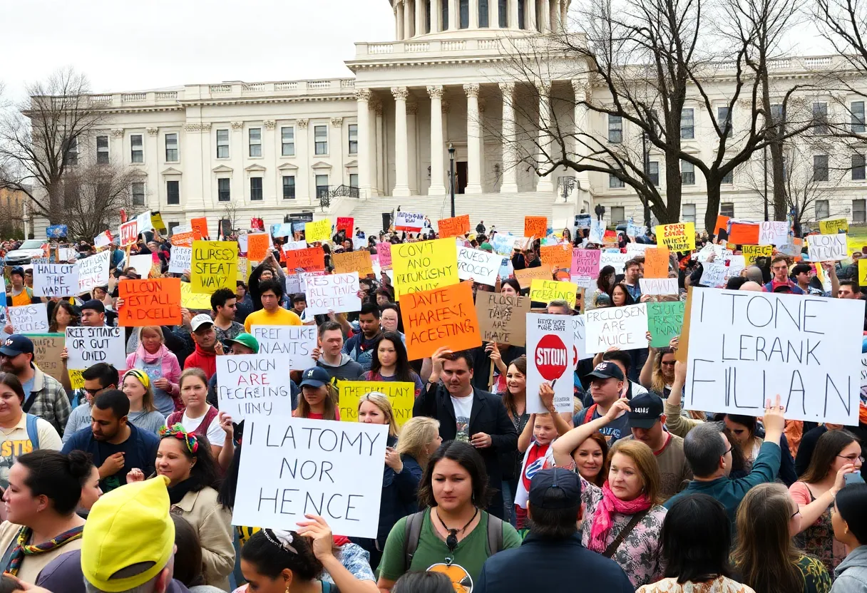 Crowd of protesters with signs at Nashville capitol