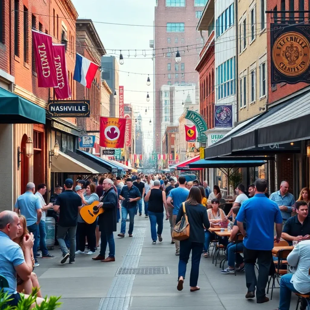 Nashville street scene with live music and diners