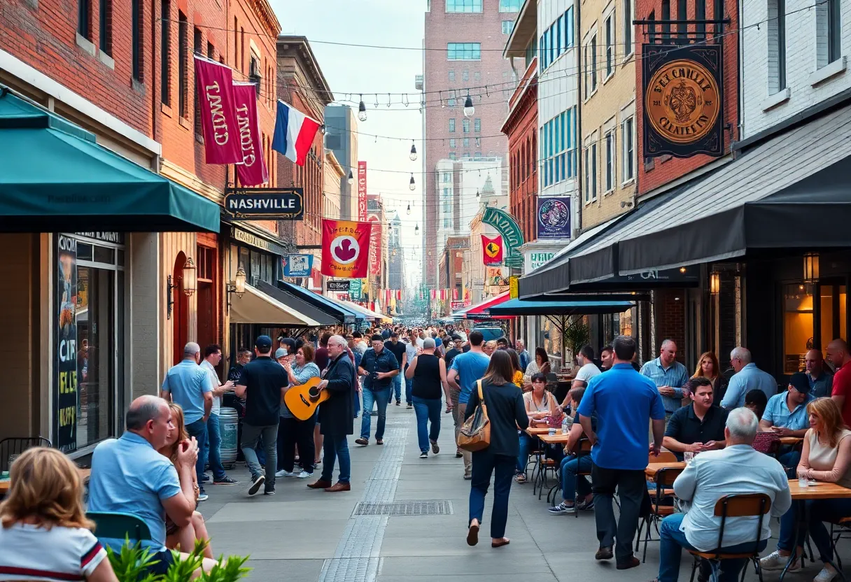 Nashville street scene with live music and diners