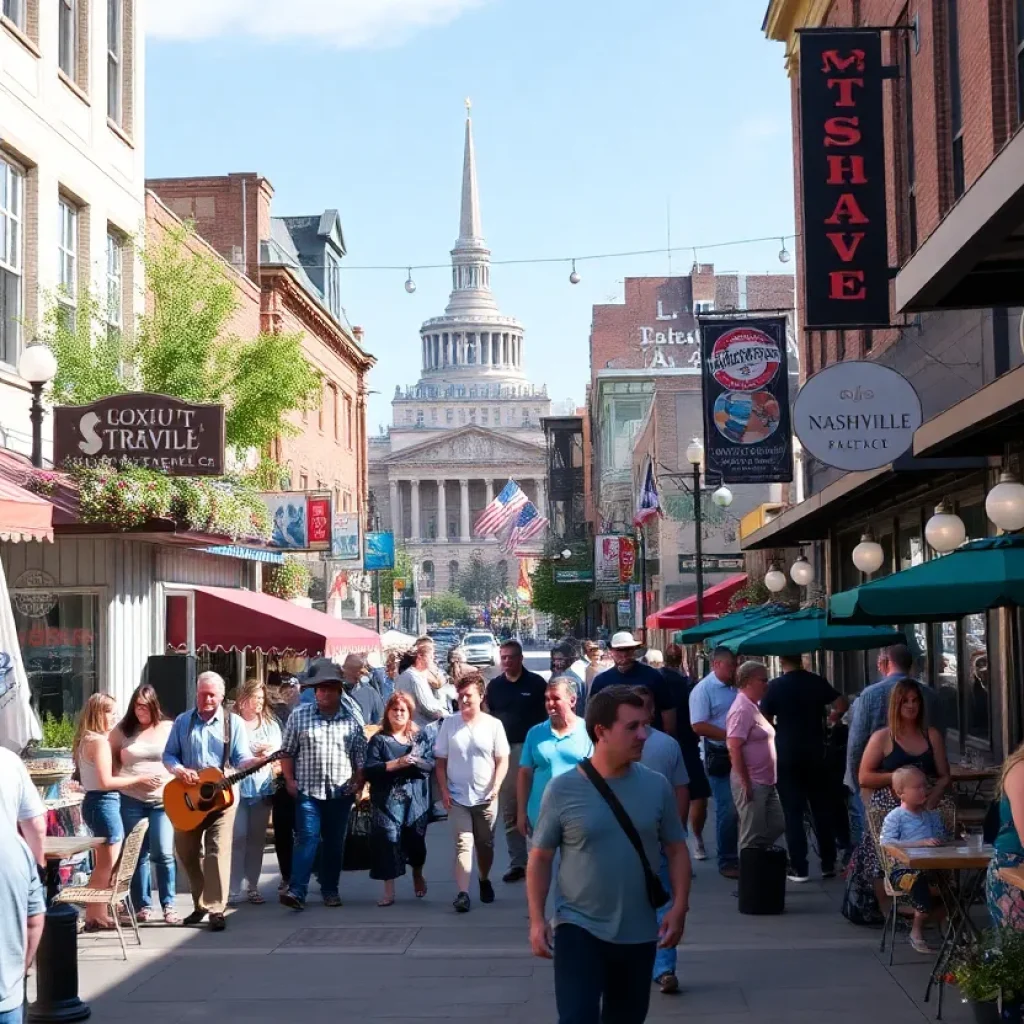 A lively street in Nashville showing musical events and local food experiences.