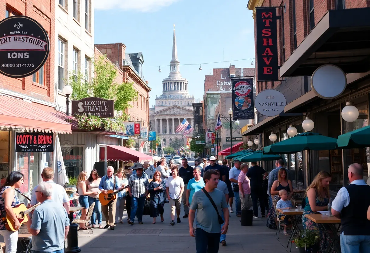 A lively street in Nashville showing musical events and local food experiences.