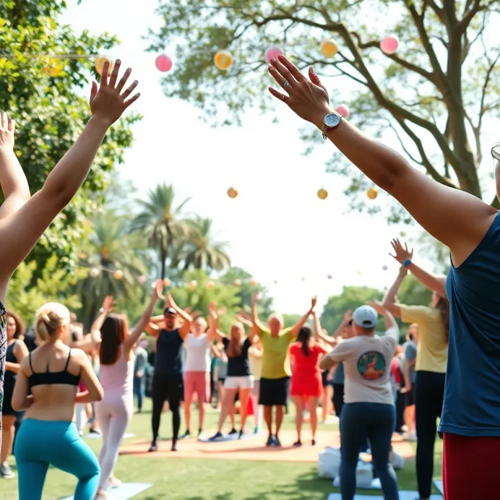Community gathering at Pause Studio's grand opening event in Nashville with workout classes and wellness activities.